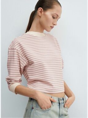 Mango Pink and White Striped Crewneck Sweatshirt